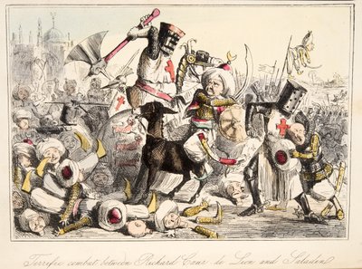 Fantastisk strid mellan Richard Coeur de Lion och Saladin från The Comic History of England, pub. 1864 (handfärgad etsning) av John Leech