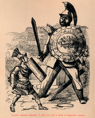 Fantastisk strid mellan T Manlius och en galler av gigantisk storlek, 1852 av John Leech