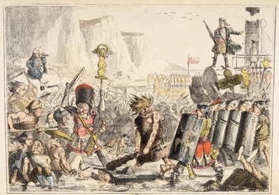 The Landing of Julius Caesar från The Comic History of England, pub. 1864 (handfärgad etsning) av John Leech
