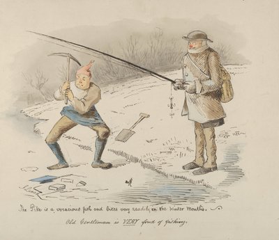 Gäddan är en glupsk fisk och biter lätt under vintermånaderna - Old Gentleman..., 1830-64. av John Leech