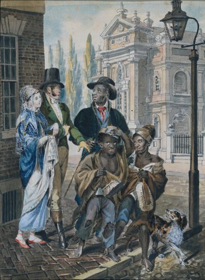Världsliga folk ifrågasättande skorstensfejare och deras mästare före Kristi kyrka..., 1811-ca. 1813. av John Lewis Krimmel