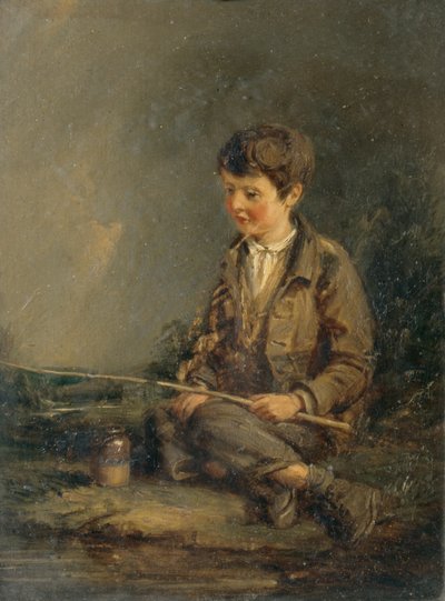 Pojke som fiskar (olja på pannå) av John Linnell