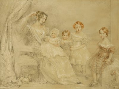 Porträtt av fru W.S. Fry och hennes fyra barn: Emma, Willy, Julie och Georgina, sittande i en interiör, 1840 av John Linnell