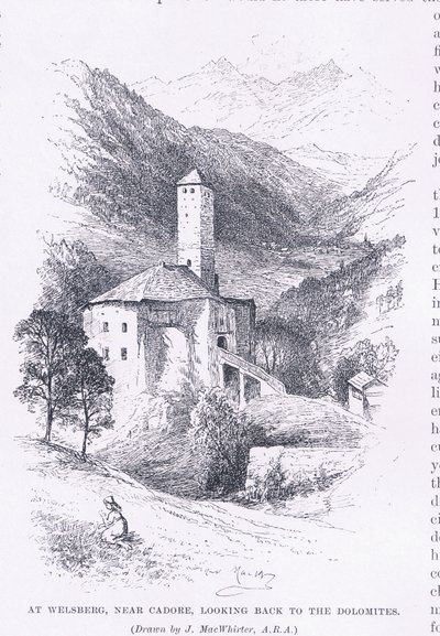 Vid Welsberg, nära Cadore, med en blick tillbaka till Dolomiterna, från The Magazine of Art 1893, Cassell and Company av John MacWhirter