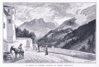 I Pieve Di Cadore, tittar på Monte Cristallo, från The Magazine of Art 1893, Cassell and Company av John MacWhirter