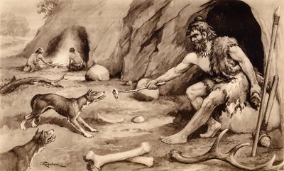Grottmänniska matar hund (litografi) av John Macfarlane