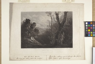 Satan betraktar Adam och Eva i paradiset (mezzotint) av John Marin