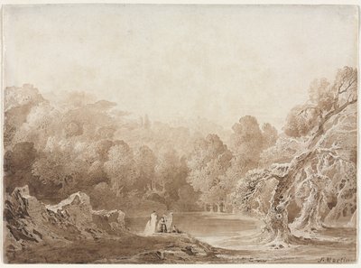 En man som spelar harpa med andra figurer vid en sjö, 1820. av John Martin