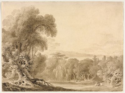 Figurer som sitter vid en sjö i ett skogslandskap av John Martin