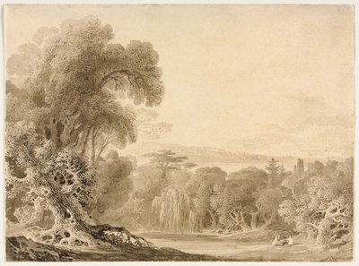 Figurer som sitter vid en sjö i ett skogslandskap, 1820. av John Martin