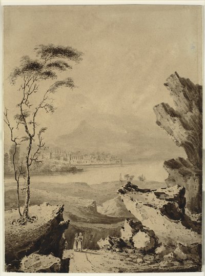 Italienskt landskap med sjö och med stad och berg i bakgrunden av John Martin
