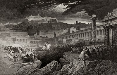 Marcus Curtius rider in i avgrunden, graverad av H. Le Keux av John Martin