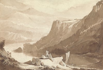 Bergslandskap med figurer och en klippa ovanför en sjö av John Martin