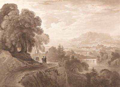 Resenärer på en väg ovanför en flod av John Martin