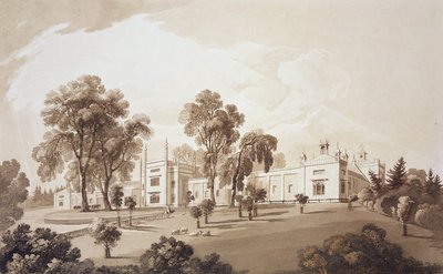 Vy över Farm House med skärm till stall och gårdsbyggnader till Sezincote House, graverad av Frederick Christian Lewis Snr. (1779-1856), ca 1817-18 (sepiaakvatint) av John Martin