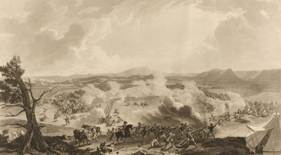 "Slaget vid Kirkee utkämpades den 5 november 1816 vid vilket minnesvärt tillfälle 4785 [sic] brittiska trupper besegrade Mahratta-armén" (akvatint, färgad) av John Massey (after) Wright