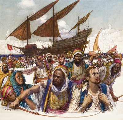 Fångar av araber förs i kedjor från hamnen, med dhow i bakgrunden av John Millar Watt