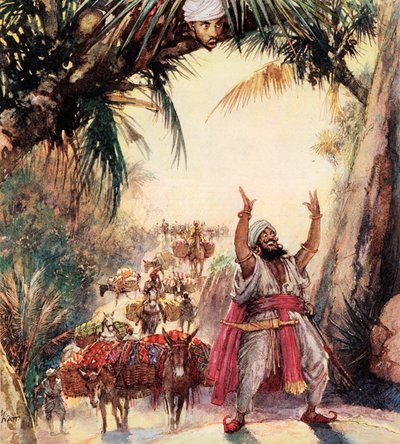 Hur Ali Baba mötte de fyrtio tjuvarna (färglitografi) av John Millar Watt