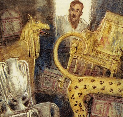 Howard Carter upptäckte Tutankhamons försvunna gravkammare (färglitografi) av John Millar Watt
