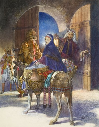 Värdinnans berättelse: Maria och Josef anländer till Betlehem (gouache på papper) av John Millar Watt