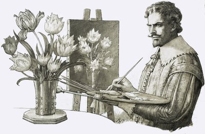 Oidentifierad konstnär målar blommor av John Millar Watt