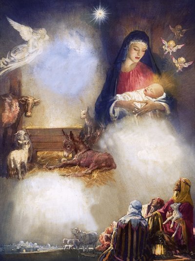 Oidentifierat montage baserat på Jesu födelse av John Millar Watt