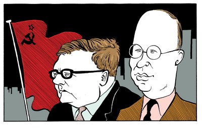 Dmitrij Sjostakovitj med Sergej Prokofjev med sovjetisk flagga av John Minnion