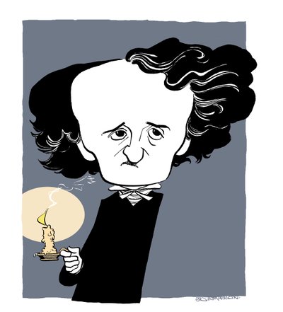 Edgar Allan Poe - karikatyr, håller i en ljusstake av John Minnion