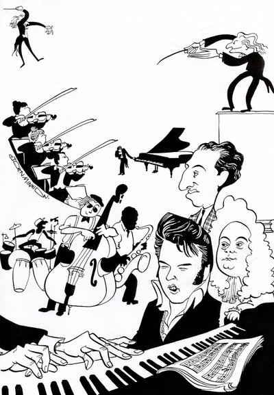 Music fantasia - omslag till musikbok eller artikel - med dirigenter, musiker, instrument, violin, trummor, kontrabas, saxofon, piano, partitur, Elvis, Bach, av John Minnion