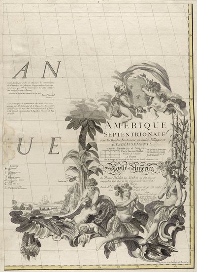 En karta över de brittiska och franska dominionerna i Amerika, 1756 (gravyr med konturfärg på papper) av John Mitchell