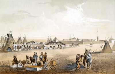 Fort Union, och distribution av varor till Assiniboine, pub. 1860 av John Mix Stanley