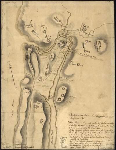 (Disposition av brittiska trupper, med befästningar norr om Fort Knipehausen, dvs Fort Washington till Fort Independence. LOC gm71002317 av John Montresor