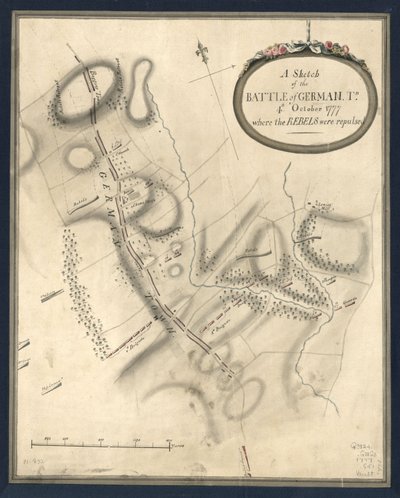 En skiss av slaget vid German. Tn., 4:e. Oktober 1777, där rebellerna blev tillbakaslagna. LOC gm71000932 av John Montresor