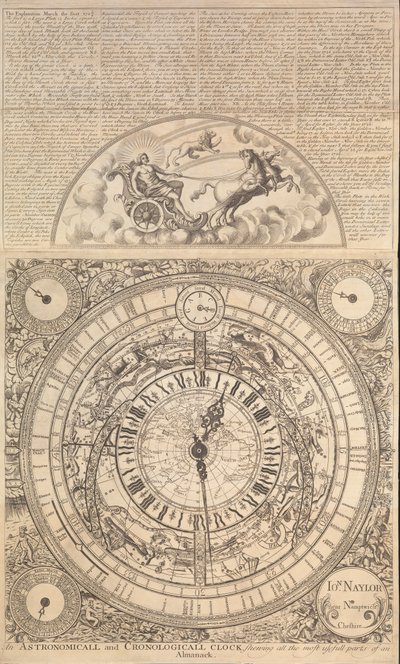 En astronomisk och kronologisk klocka som visar alla de mest användbara delarna av en almanacka (gravyr) av John Naylor