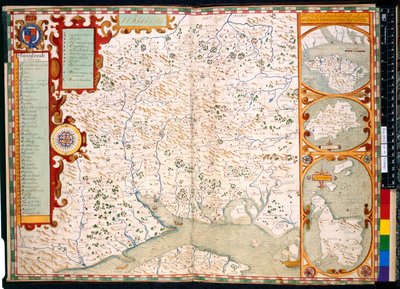Lägg till. 31853, ff.23-24, Southampton, Hampshire: Beskrivning av, av J. Norden, med karta: 1595 (färgad gravyr) av John Norden