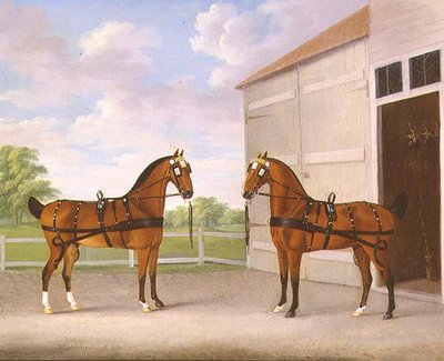 Ett par Bay vagnhästar i en stallgård av John Nott Sartorius