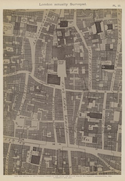 Karta över en del av City of London, som visar platsen för Guildhall av John Ogilby
