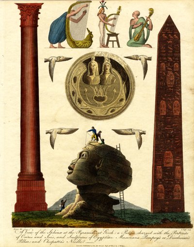 En vy över sfinxen vid pyramiderna i Gizeh: en patera laddad med porträtten av Osiris och Isis och skulpturer av egyptiska musiker, Pompejus eller Dioclesians pelare och Kleopatras nål av John Pass