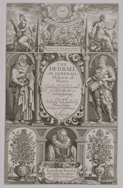 Titelsidan till den andra upplagan av The Herball av John Gerard (1564-1612) 1633 av John Payne