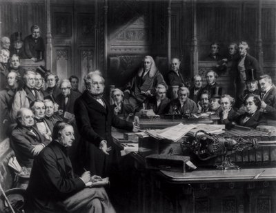 Underhuset 1860: Lord Palmerston talar till huset under debatten om fördraget med Frankrike, graverad av Falkner, 1863 (se även 42219 och 107821) av John Phillip