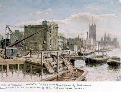 Riverside View av Wharves mellan Lambeth Bridge och Houses of Parliament av John Phillipp Emslie
