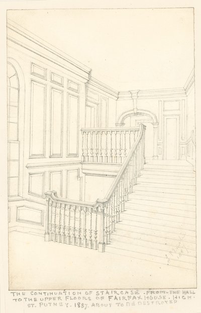Fortsättningen av trappan, från hallen till de övre våningarna, i Fairfax House, High Street, Putney, 1887 av John Phillipp Emslie