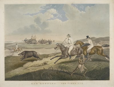 Hog Hunting: The Tired Pig, graverad av S.W. Fores (1785-1825) c.1840 (handfärgad akvatint) av John Platt