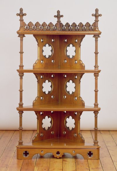 Snidade och förgyllda gotiska hörn What-Not, c.1860 (valnötsträ) av John Pollard Seddon