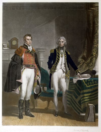 Ett möte mellan generalmajor Sir Arthur Wellesley och viceamiral Horatio Nelson, september 1805, graverat av Samuel William Reynolds (1794-1872), pub. av A.J. Isaacs av John Prescott (after) Knight