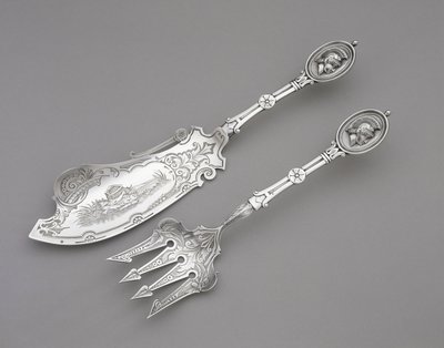 Fiskgaffel och kniv, ca. 1862-1870 (silver) av John R. Wendt