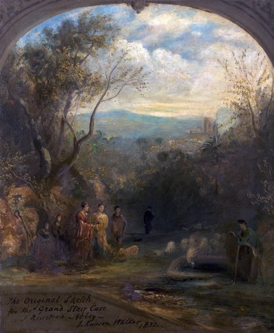 Originalskissen för den stora trappan i Newstead Abbey, Nottinghamshire, 1832 av John Rawson Walker