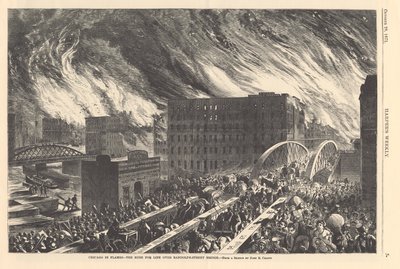 Chicago i lågor - rushen för livet över Randolph Street Bridge, illustration från Harpers Weekly, 1871 av John Reuben after Chapin