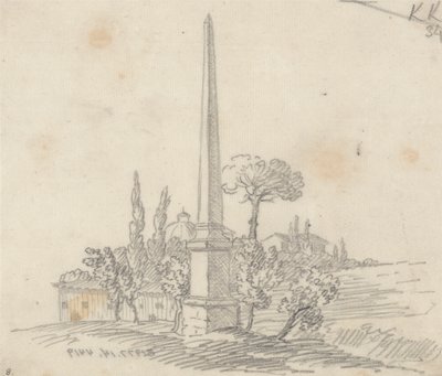 En Obelisk med tak och träd i fjärran av John Robert Cozens