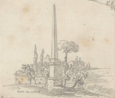 En obelisk med tak och träd i fjärran av John Robert Cozens